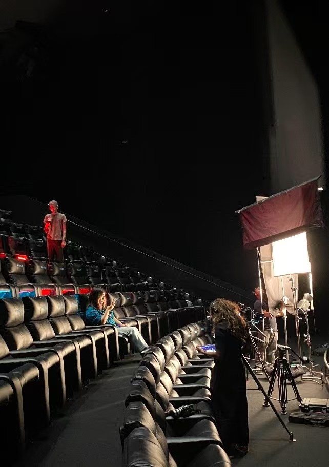 Production setup inside a movie theater